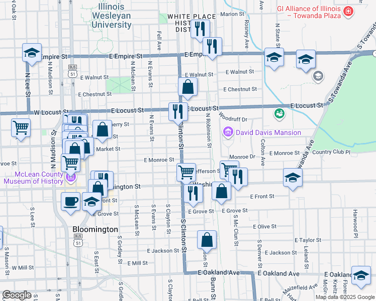 map of restaurants, bars, coffee shops, grocery stores, and more near 407 North Clinton Street in Bloomington