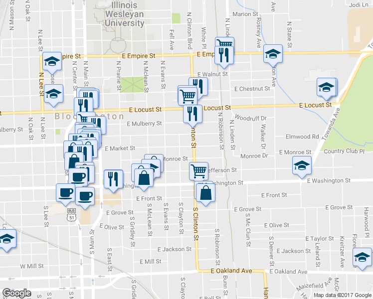 map of restaurants, bars, coffee shops, grocery stores, and more near 611 East Market Street in Bloomington
