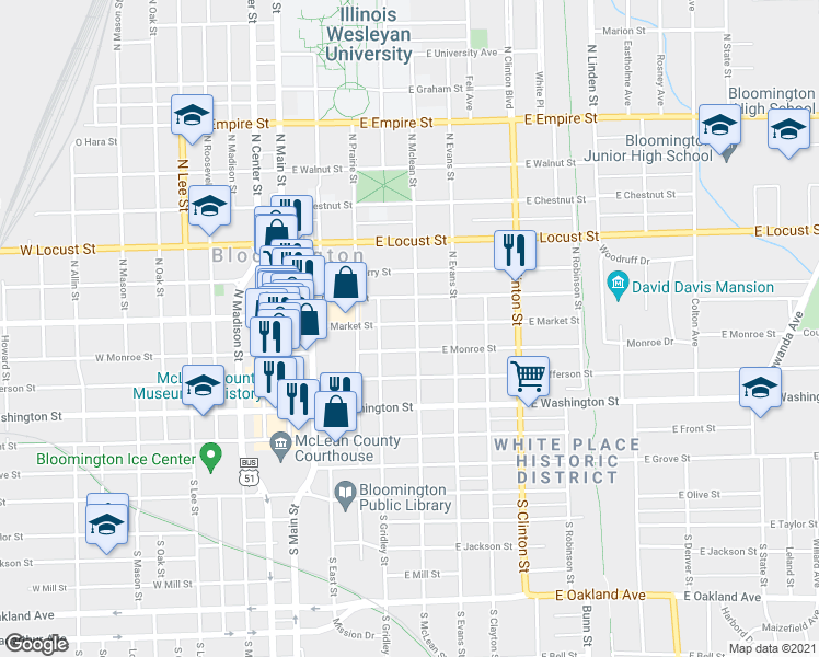 map of restaurants, bars, coffee shops, grocery stores, and more near 411 East Market Street in Bloomington