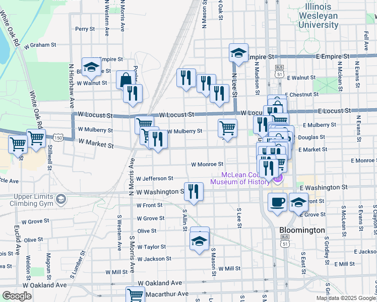 map of restaurants, bars, coffee shops, grocery stores, and more near 710 West Market Street in Normal