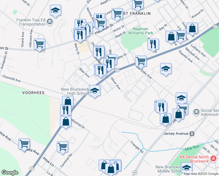 map of restaurants, bars, coffee shops, grocery stores, and more near 24 Henry Avenue in New Brunswick