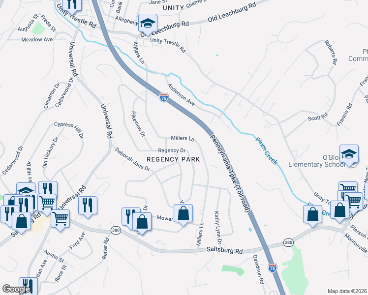 map of restaurants, bars, coffee shops, grocery stores, and more near 542 Regency Drive in Pittsburgh