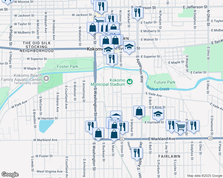 map of restaurants, bars, coffee shops, grocery stores, and more near 509 South Main Street in Kokomo