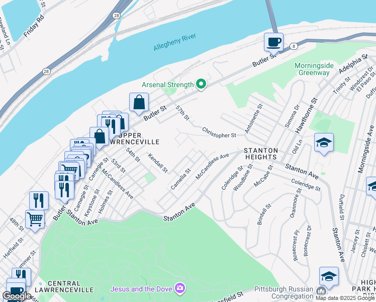 map of restaurants, bars, coffee shops, grocery stores, and more near 5603 Celadine Street in Pittsburgh