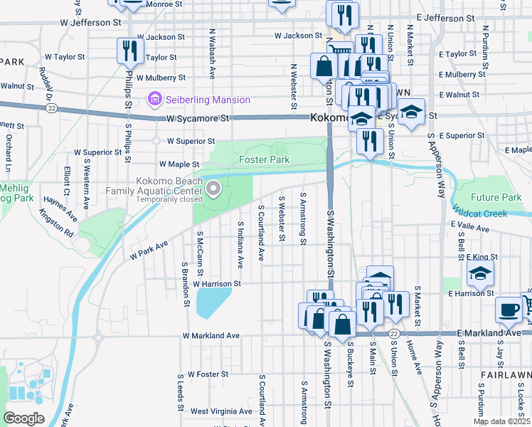 map of restaurants, bars, coffee shops, grocery stores, and more near 506 South Courtland Avenue in Kokomo