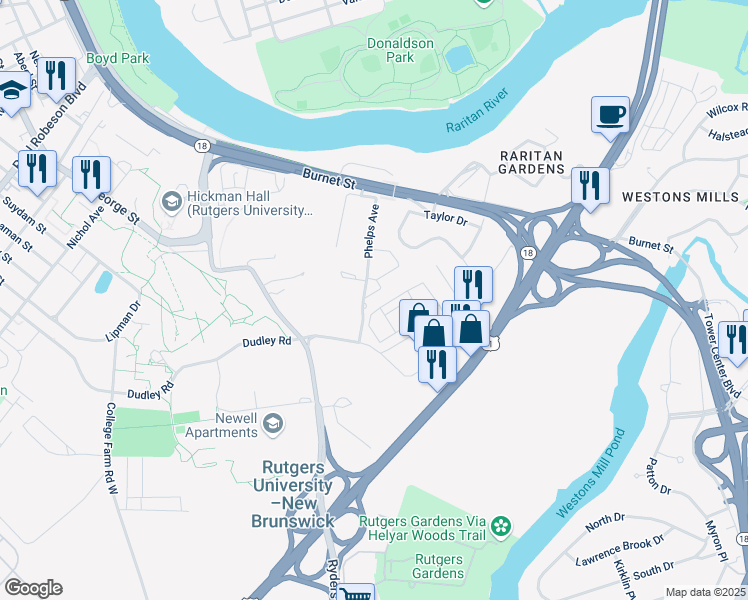 map of restaurants, bars, coffee shops, grocery stores, and more near 104 Phelps Avenue in New Brunswick