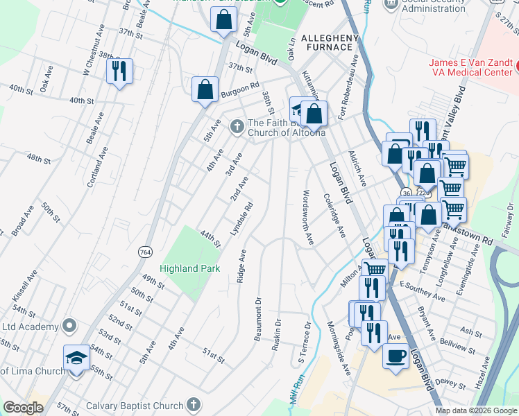 map of restaurants, bars, coffee shops, grocery stores, and more near 206-10 Ridge Avenue in Altoona