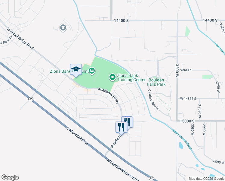 map of restaurants, bars, coffee shops, grocery stores, and more near 3596 Beckham Drive in Herriman