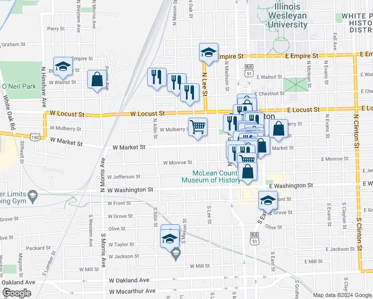 map of restaurants, bars, coffee shops, grocery stores, and more near 608 West Market Street in Bloomington