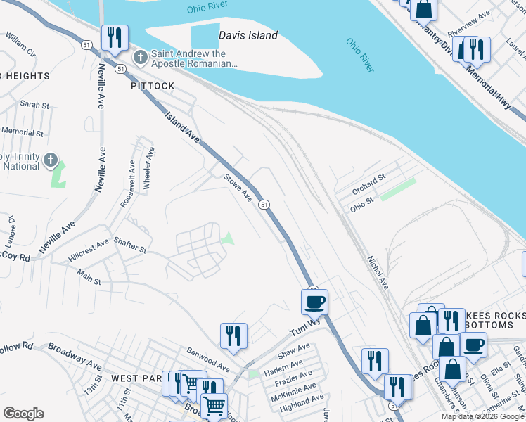 map of restaurants, bars, coffee shops, grocery stores, and more near 1317 Island Avenue in McKees Rocks