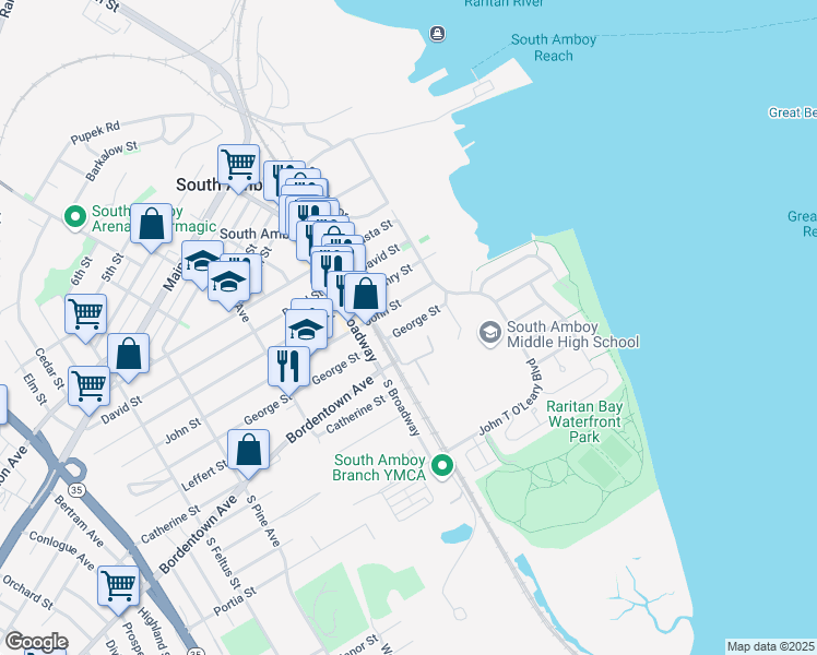 map of restaurants, bars, coffee shops, grocery stores, and more near 137 George Street in South Amboy