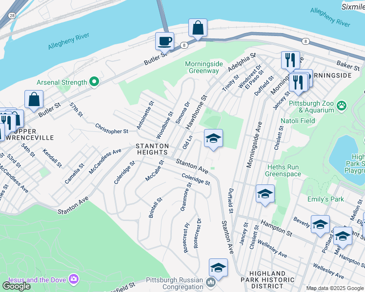 map of restaurants, bars, coffee shops, grocery stores, and more near 1326 Hawthorne Street in Pittsburgh
