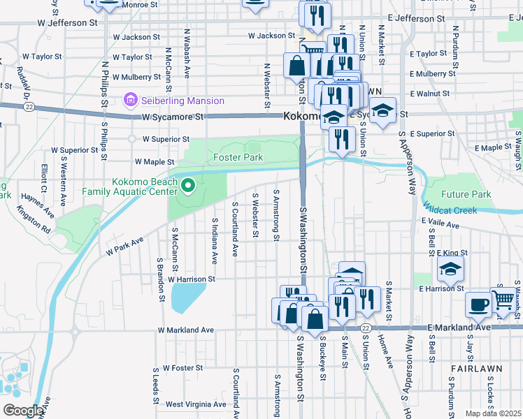 map of restaurants, bars, coffee shops, grocery stores, and more near 508 South Webster Street in Kokomo