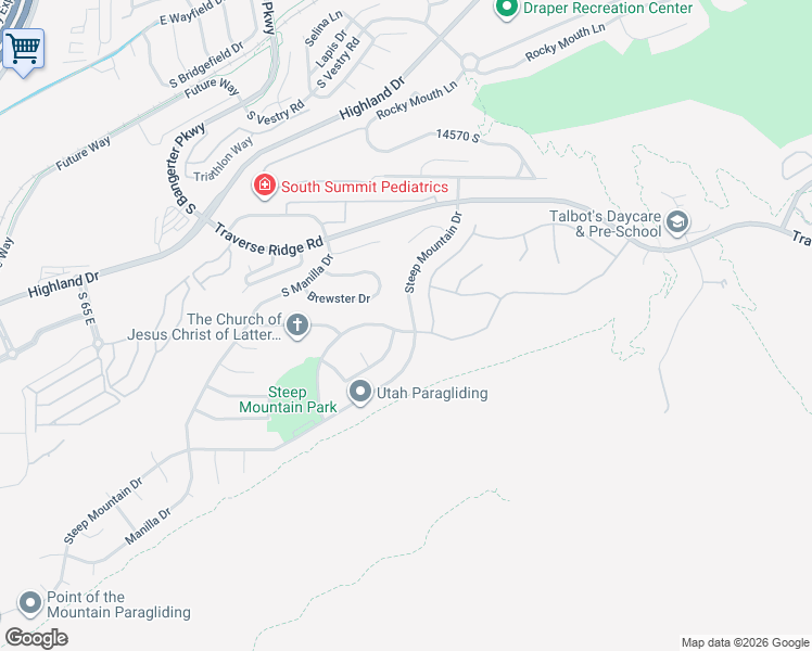 map of restaurants, bars, coffee shops, grocery stores, and more near 14822 Steep Mountain Drive in Draper