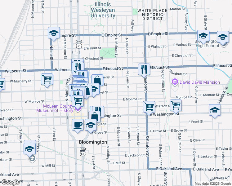 map of restaurants, bars, coffee shops, grocery stores, and more near 410 North Mclean Street in Bloomington