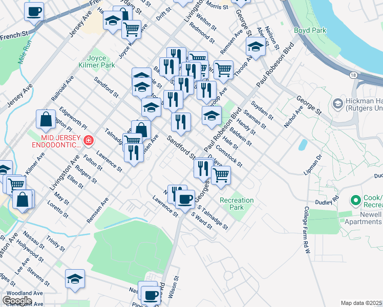 map of restaurants, bars, coffee shops, grocery stores, and more near 23 Delavan Street in New Brunswick