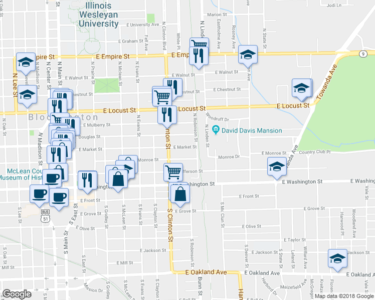 map of restaurants, bars, coffee shops, grocery stores, and more near 817 East Market Street in Bloomington