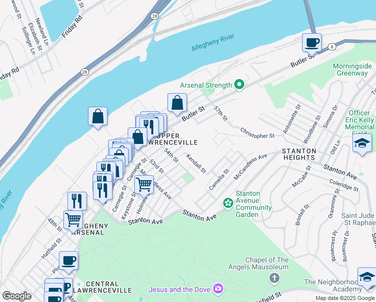 map of restaurants, bars, coffee shops, grocery stores, and more near 515 Kendall St in Pittsburgh