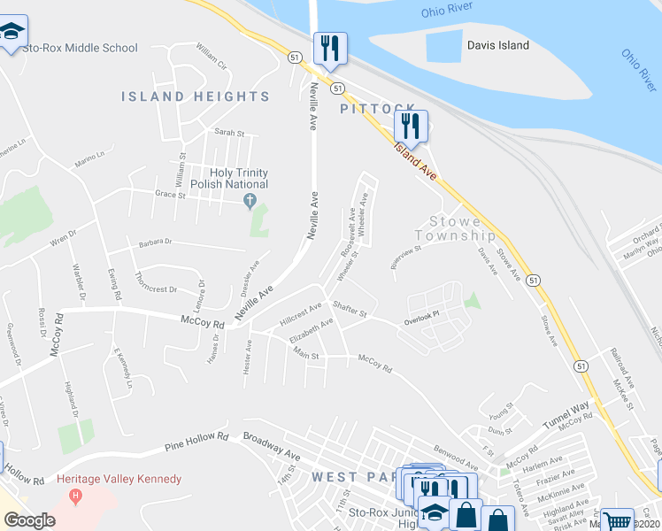 map of restaurants, bars, coffee shops, grocery stores, and more near 155 Roosevelt Ave in McKees Rocks