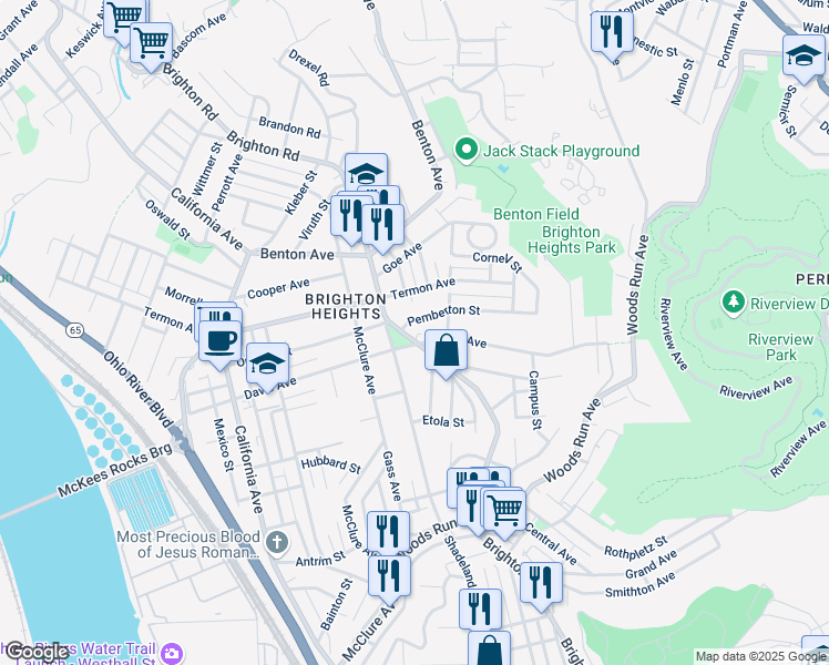 map of restaurants, bars, coffee shops, grocery stores, and more near 3604 Brighton Road in Pittsburgh
