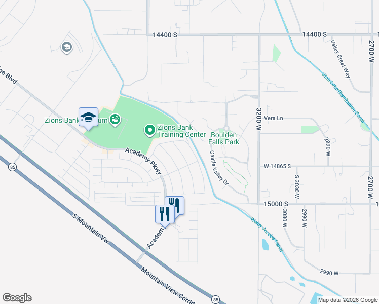 map of restaurants, bars, coffee shops, grocery stores, and more near 14814 Beckham Drive in Bluffdale