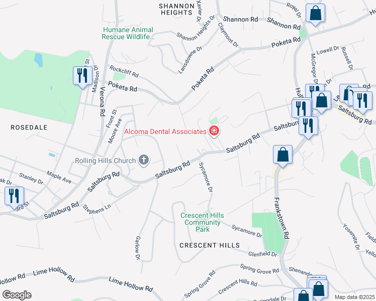 map of restaurants, bars, coffee shops, grocery stores, and more near 5721 Saltsburg Road in Verona