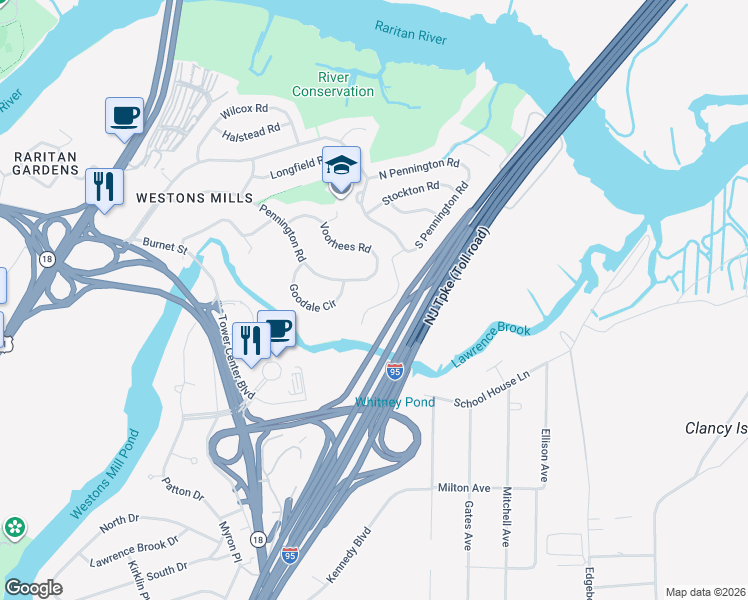map of restaurants, bars, coffee shops, grocery stores, and more near 97 South Pennington Road in New Brunswick