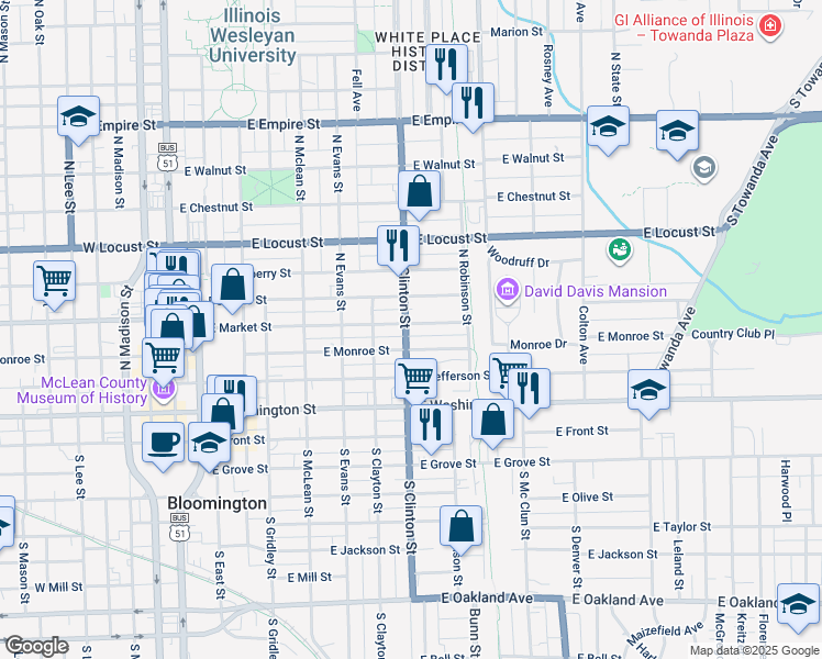 map of restaurants, bars, coffee shops, grocery stores, and more near 407 North Clinton Street in Bloomington