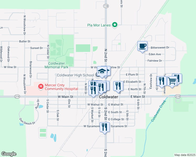 map of restaurants, bars, coffee shops, grocery stores, and more near 310 North 2nd Street in Coldwater