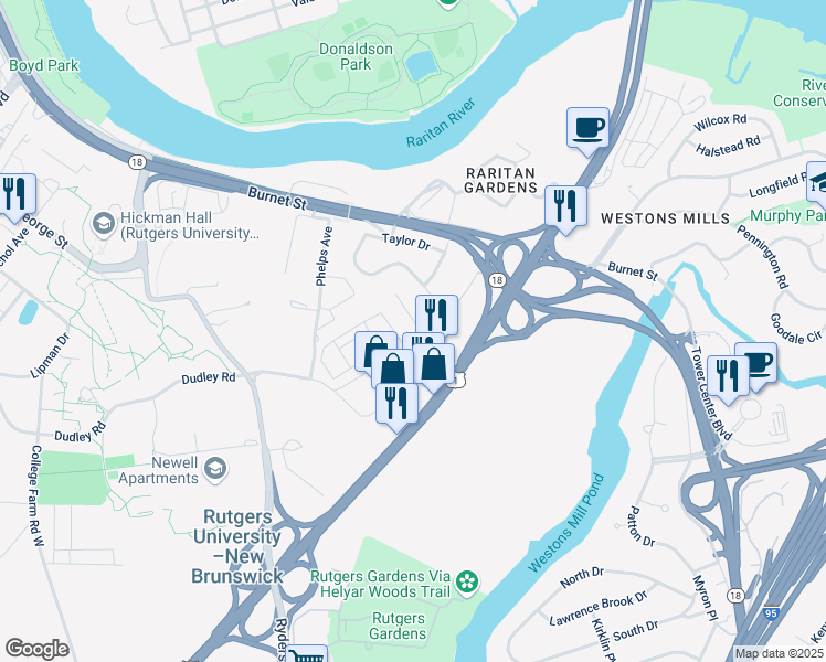map of restaurants, bars, coffee shops, grocery stores, and more near 4 Cotter Drive in New Brunswick