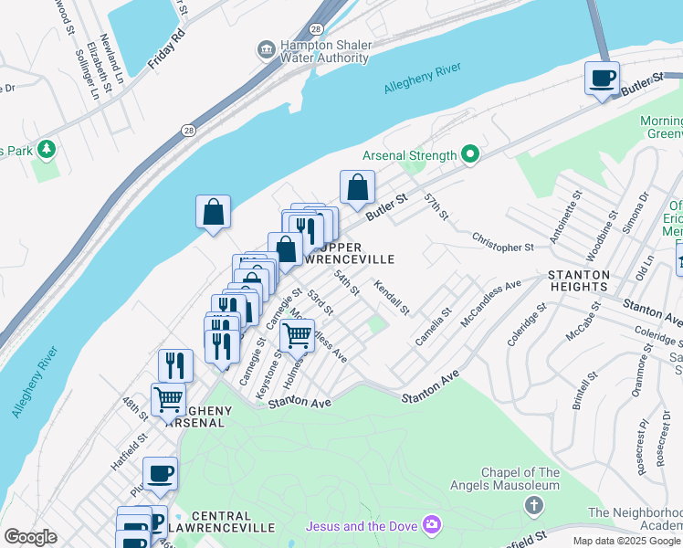 map of restaurants, bars, coffee shops, grocery stores, and more near 5400 Natrona Way in Pittsburgh