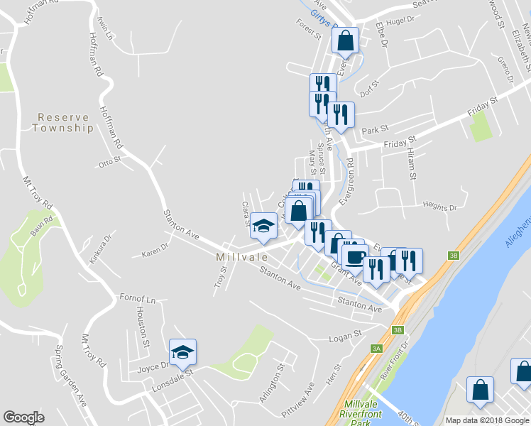 map of restaurants, bars, coffee shops, grocery stores, and more near 101 Colton Street in Pittsburgh