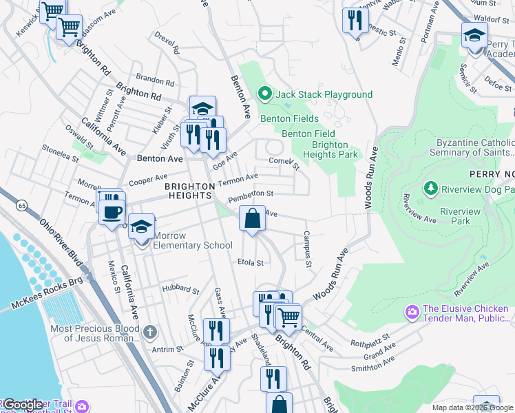 map of restaurants, bars, coffee shops, grocery stores, and more near 1156 Davis Avenue in Pittsburgh