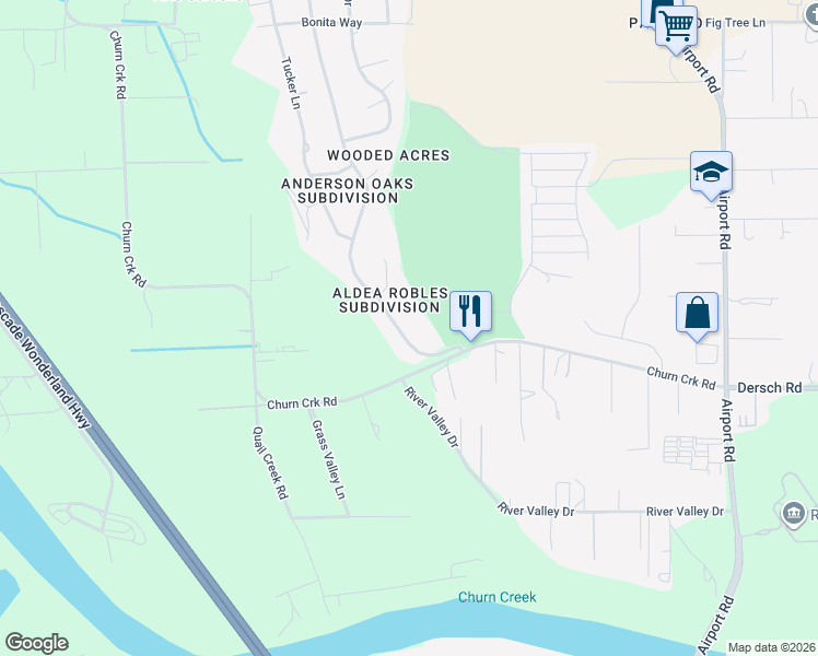 map of restaurants, bars, coffee shops, grocery stores, and more near 6657 Riata Drive in Redding