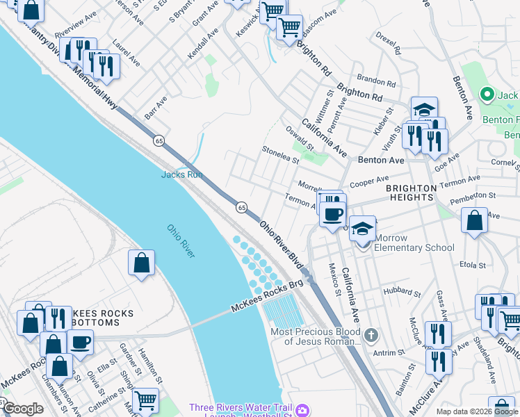 map of restaurants, bars, coffee shops, grocery stores, and more near 3719 Millerton Avenue in Pittsburgh