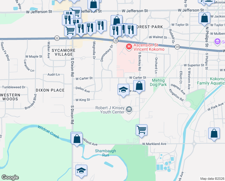 map of restaurants, bars, coffee shops, grocery stores, and more near 609 Briar Court in Kokomo