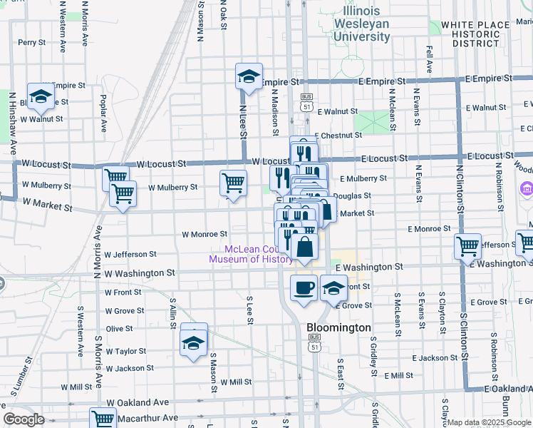 map of restaurants, bars, coffee shops, grocery stores, and more near 409 North Roosevelt Avenue in Bloomington