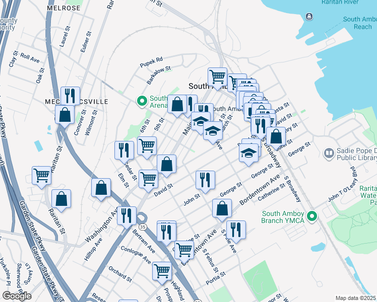 map of restaurants, bars, coffee shops, grocery stores, and more near 341 2nd Street in South Amboy