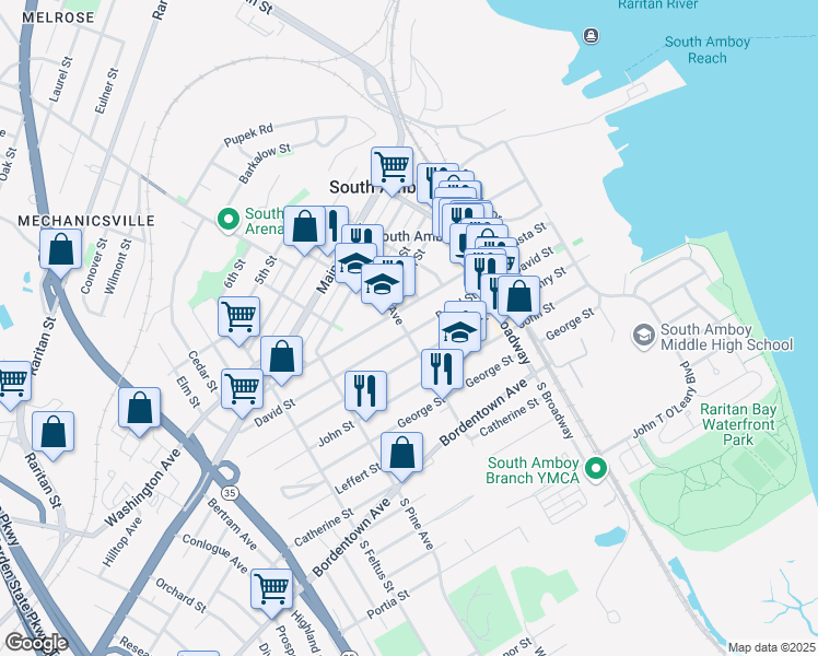 map of restaurants, bars, coffee shops, grocery stores, and more near 101 North Stevens Avenue in South Amboy