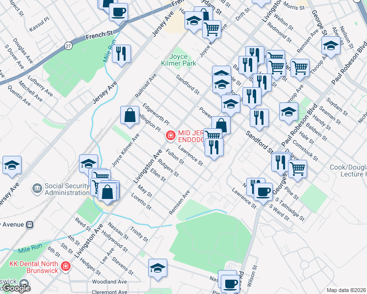 map of restaurants, bars, coffee shops, grocery stores, and more near 209 Lawrence Street in New Brunswick