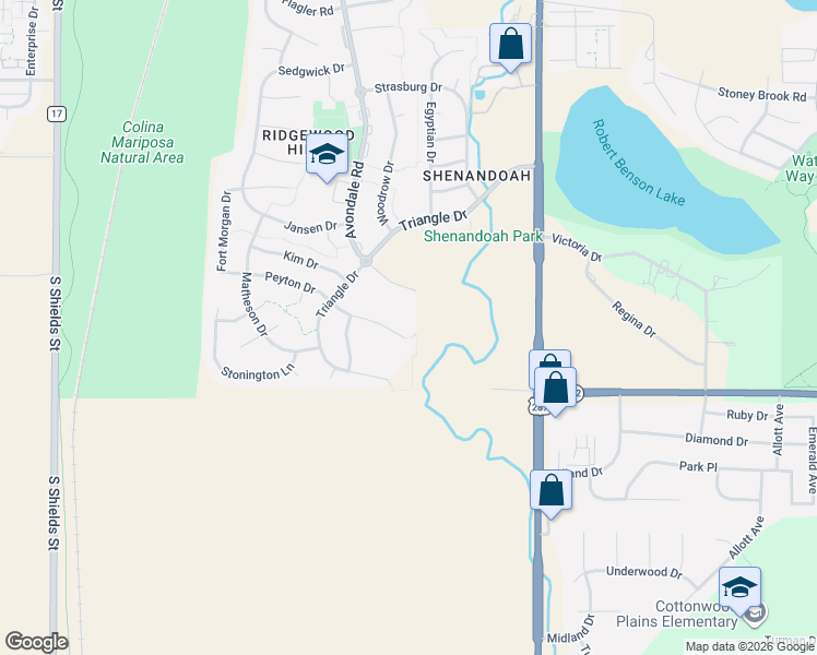 map of restaurants, bars, coffee shops, grocery stores, and more near 302 Peyton Drive in Fort Collins