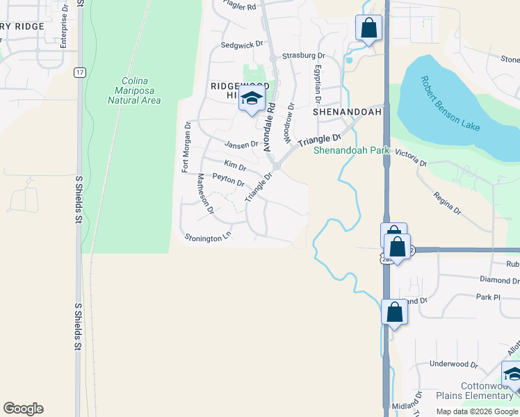 map of restaurants, bars, coffee shops, grocery stores, and more near 7421 Fountain Drive in Fort Collins