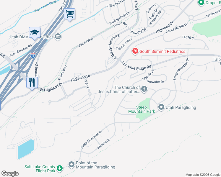 map of restaurants, bars, coffee shops, grocery stores, and more near 14823 175 East in Draper