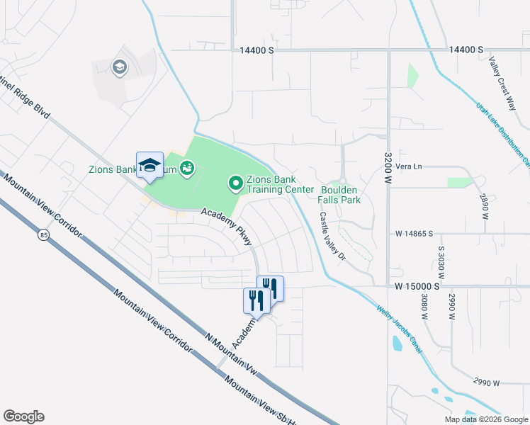 map of restaurants, bars, coffee shops, grocery stores, and more near 14838 Messi Street in Herriman