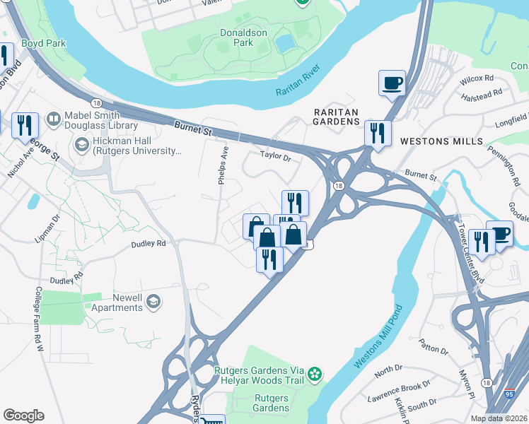 map of restaurants, bars, coffee shops, grocery stores, and more near 4 Cotter Drive in New Brunswick