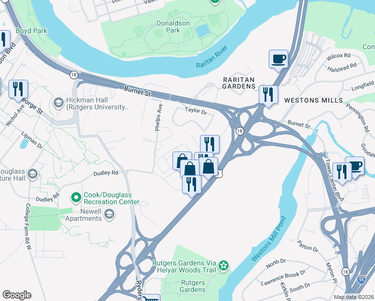 map of restaurants, bars, coffee shops, grocery stores, and more near 4 Cotter Drive in New Brunswick