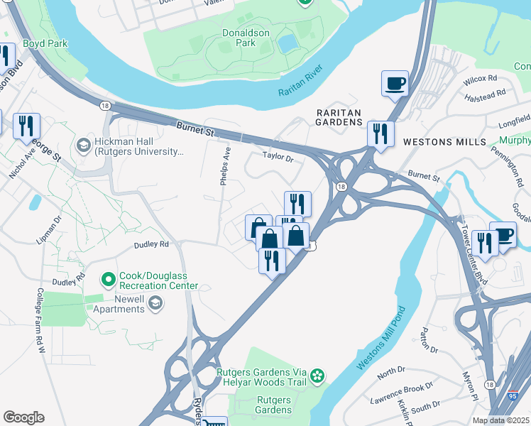 map of restaurants, bars, coffee shops, grocery stores, and more near 4 Cotter Drive in New Brunswick