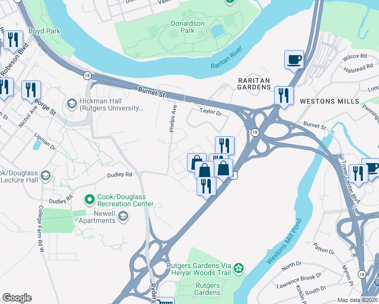 map of restaurants, bars, coffee shops, grocery stores, and more near 88 Phelps Avenue in New Brunswick