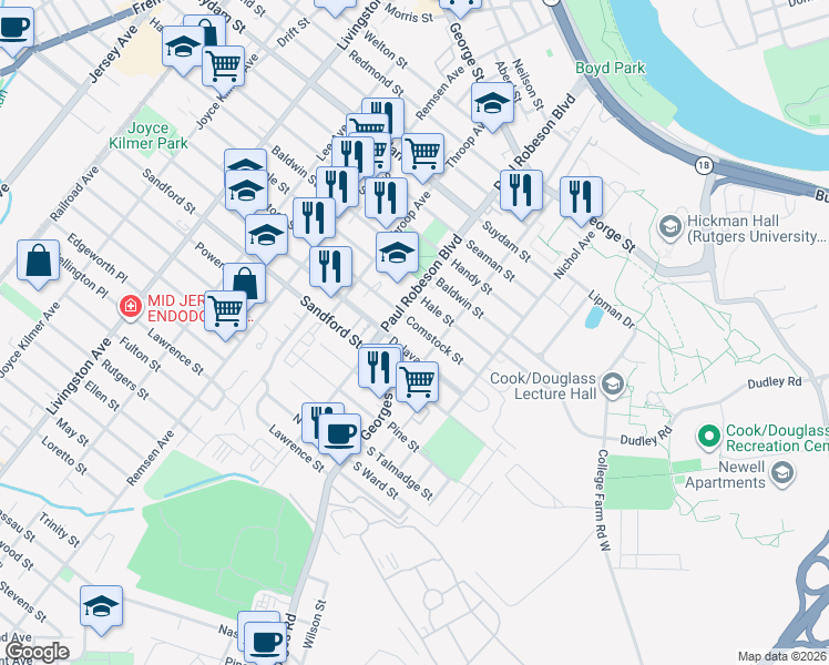map of restaurants, bars, coffee shops, grocery stores, and more near 49 Comstock Street in New Brunswick