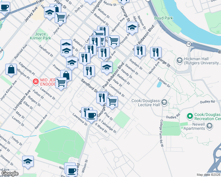 map of restaurants, bars, coffee shops, grocery stores, and more near 49 Comstock Street in New Brunswick